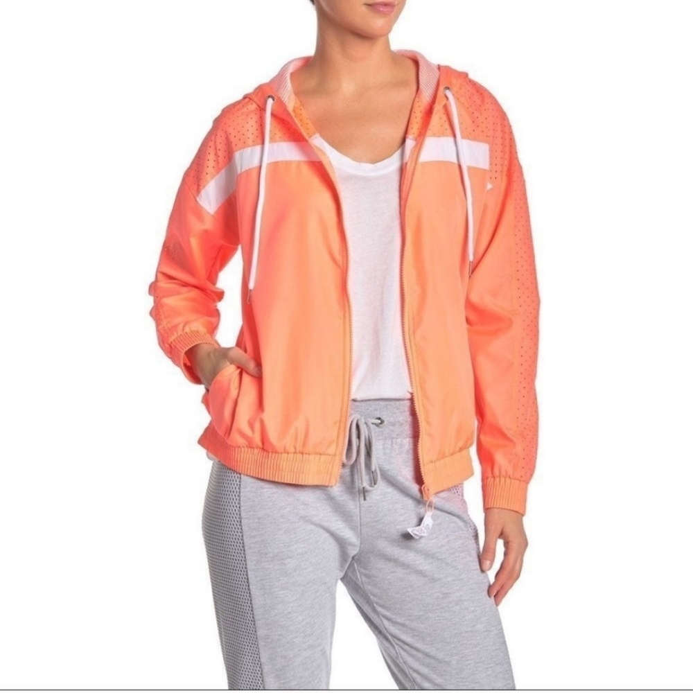 Bebe Sport Neon Peach/Orange Perforated Tracksuit Jogger Windbreaker Jacket SZ M